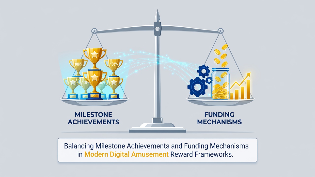 Darstellung von Meilensteinfortschritten und Finanzierungsstrukturen in digitalen Spielbelohnungssystemen mit grafischen Elementen zu Erfolgsstufen und Einzahlungszyklen