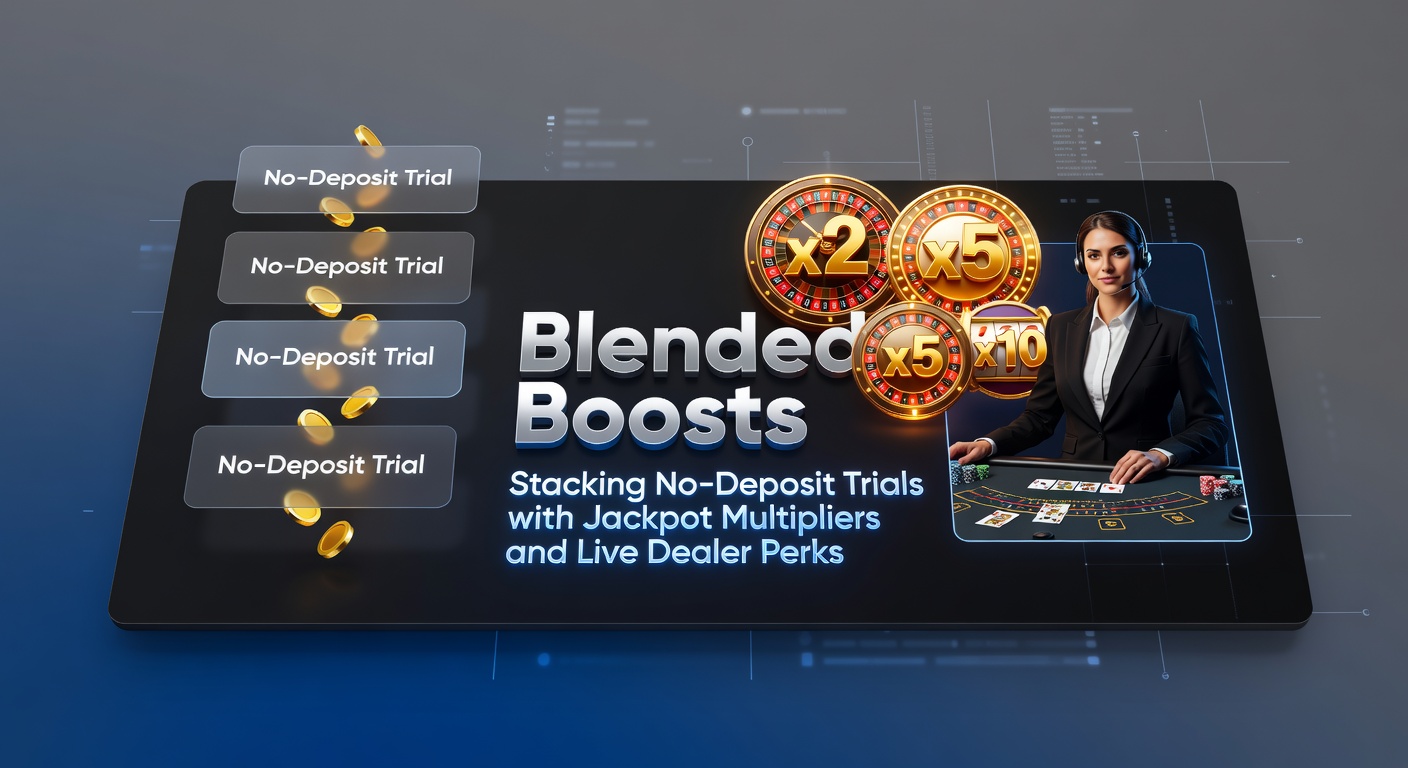 Darstellung von gestapelten Casino-Boni mit No-Deposit-Tests, Jackpot-Multiplikatoren und Live-Dealer-Elementen in einem dynamischen Online-Casino-Umfeld