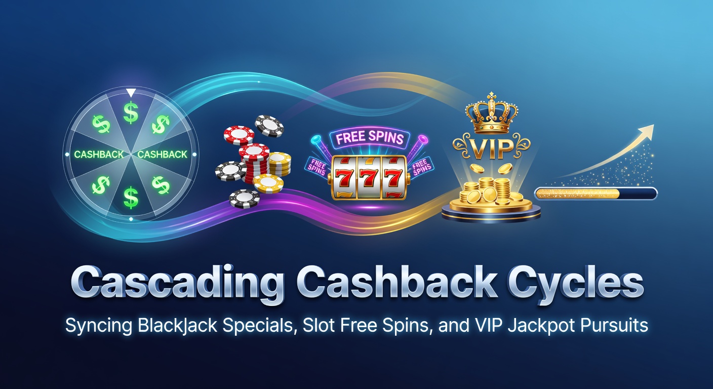 Grafik zeigt kaskadierende Cashback-Ströme mit Blackjack-Tischen, drehenden Slot-Walzen und leuchtenden VIP-Jackpots, die sich synchron verbinden