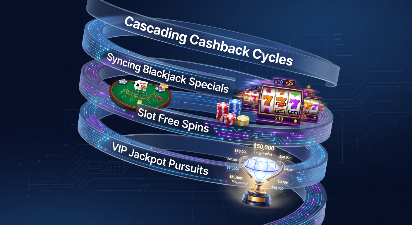 Detaillierte Darstellung von Slot-Walzen, die durch Cashback-finanzierte Free Spins explodieren, verbunden mit Blackjack-Karten und VIP-Jackpot-Leitern