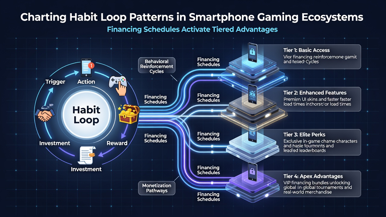 Grafische Darstellung von Gewohnheitsschleifen in mobilen Gaming-Apps mit Finanzierungszeitplänen und gestaffelten Vorteilen