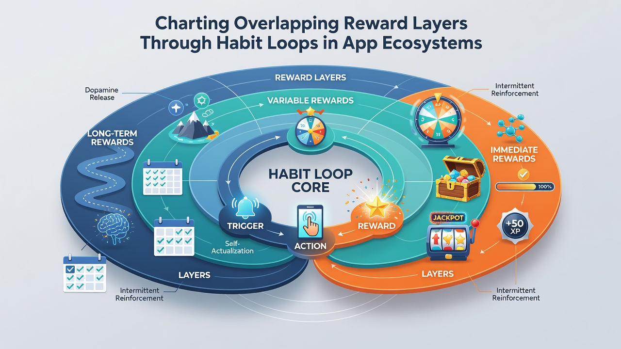 Grafik zur Synchronisation von Belohnungsschichten mit Habit-Loops in App-Umgebungen und Beispielen für Nutzerpfade