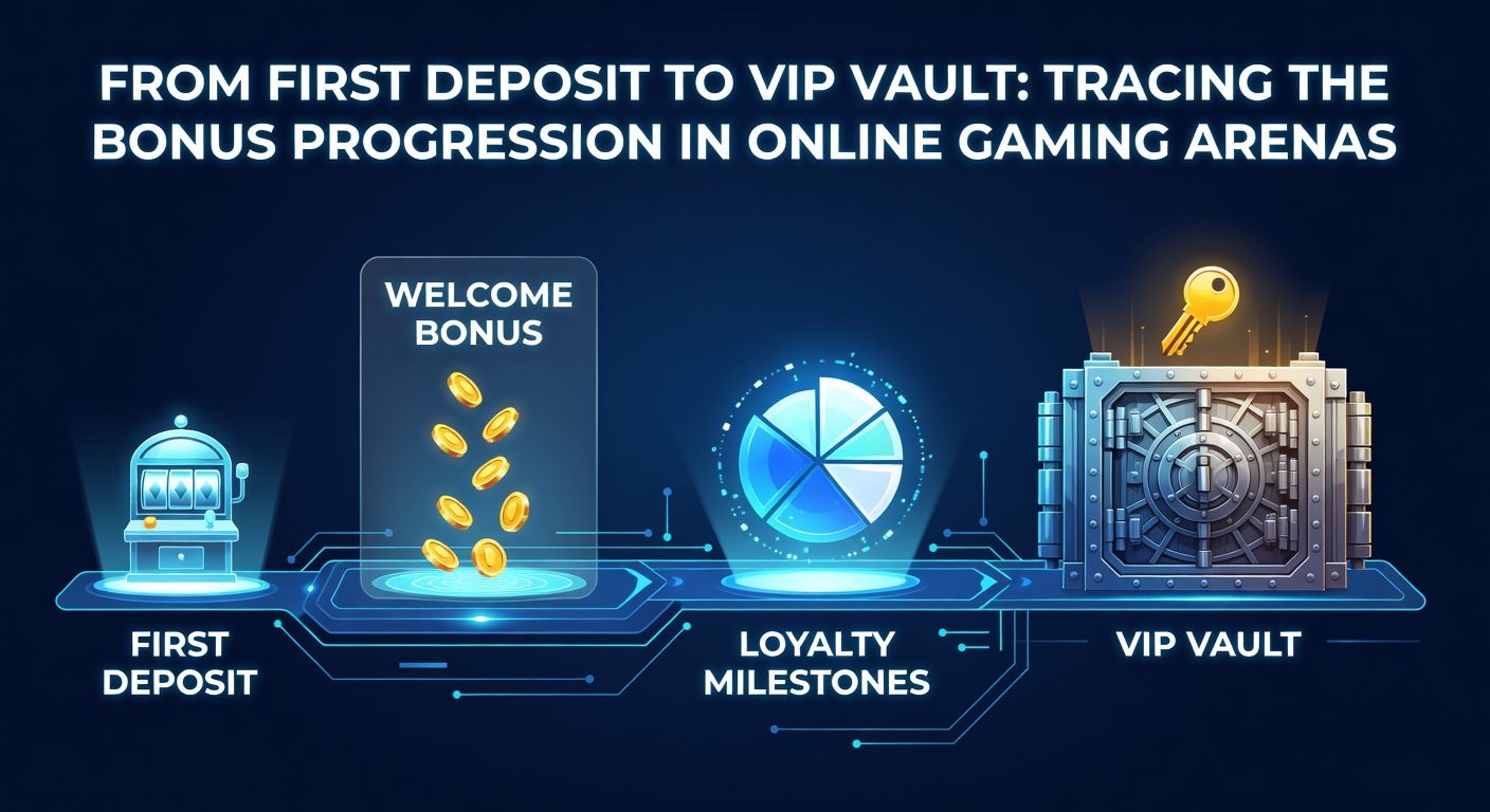 Grafik zeigt eine stufenweise Bonusleiter von der ersten Einzahlung bis zum VIP-Level in einem Online-Casino, mit Münzen und Schlüsseln als Symbole für Fortschritt