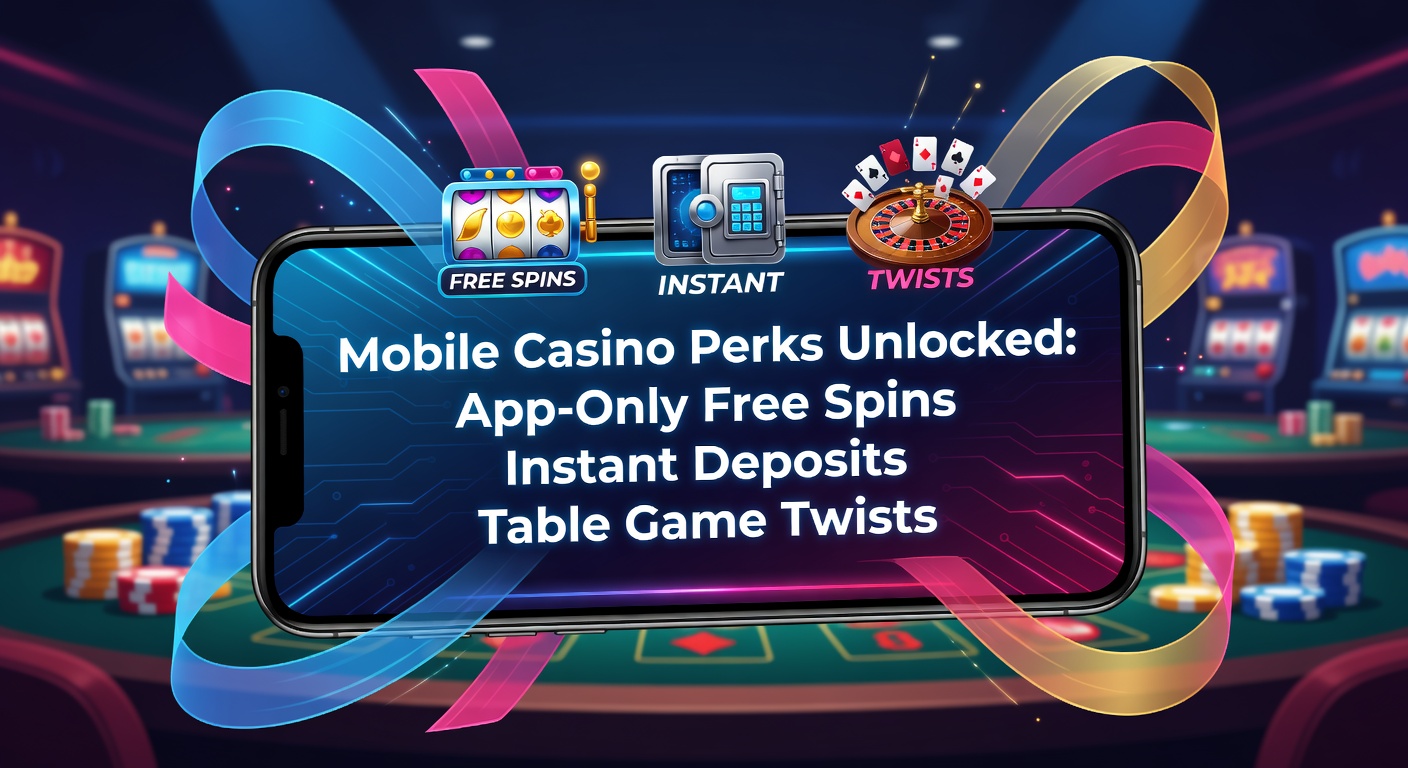 Smartphone mit laufender Casino-App, das Free-Spins und Einzahlungsoptionen anzeigt, umgeben von leuchtenden Spielsymbolen