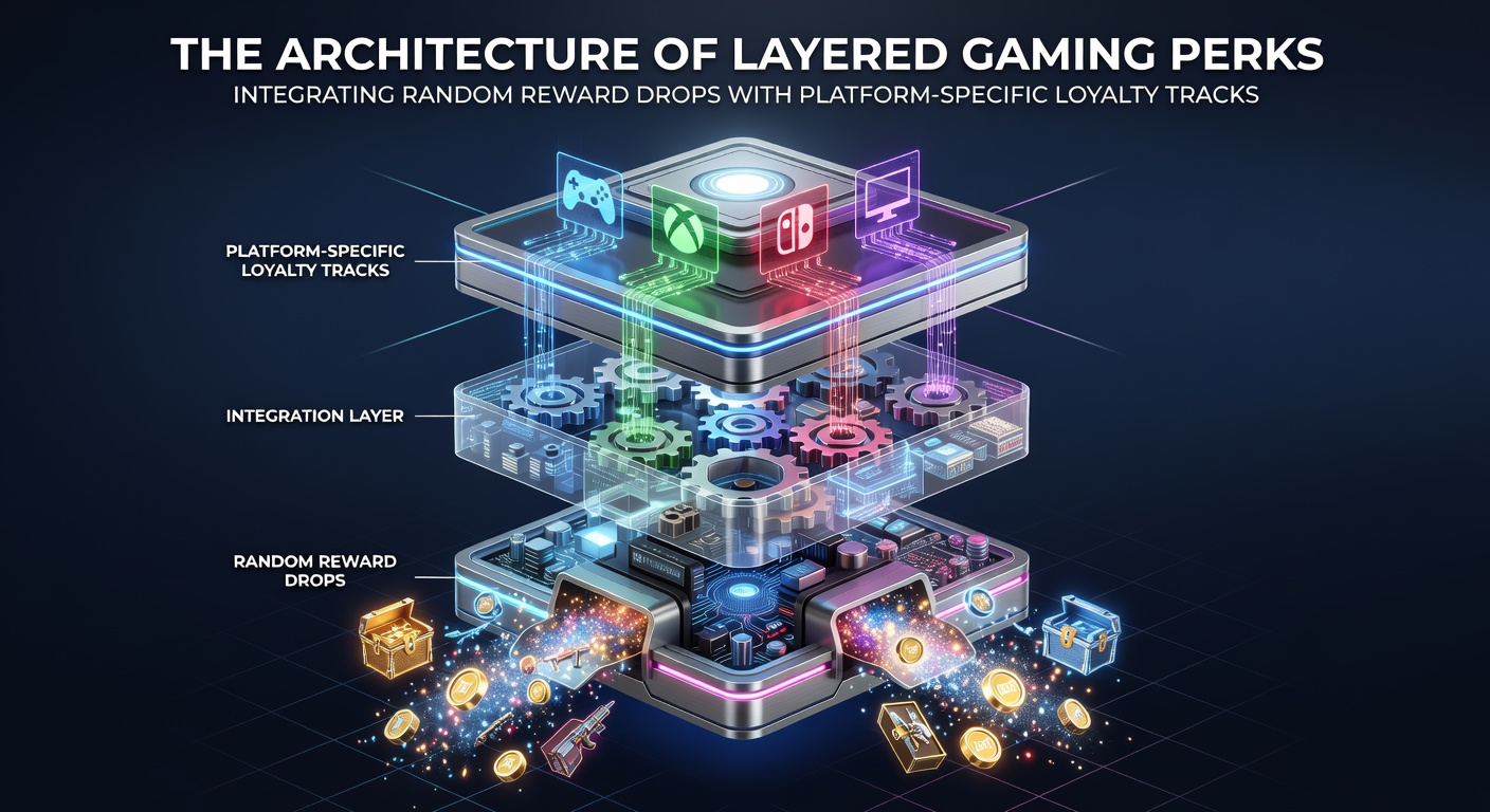 Darstellung der Architektur geschichteter Gaming-Vorteile mit zufälligen Belohnungsdrops und Loyalitätsspuren