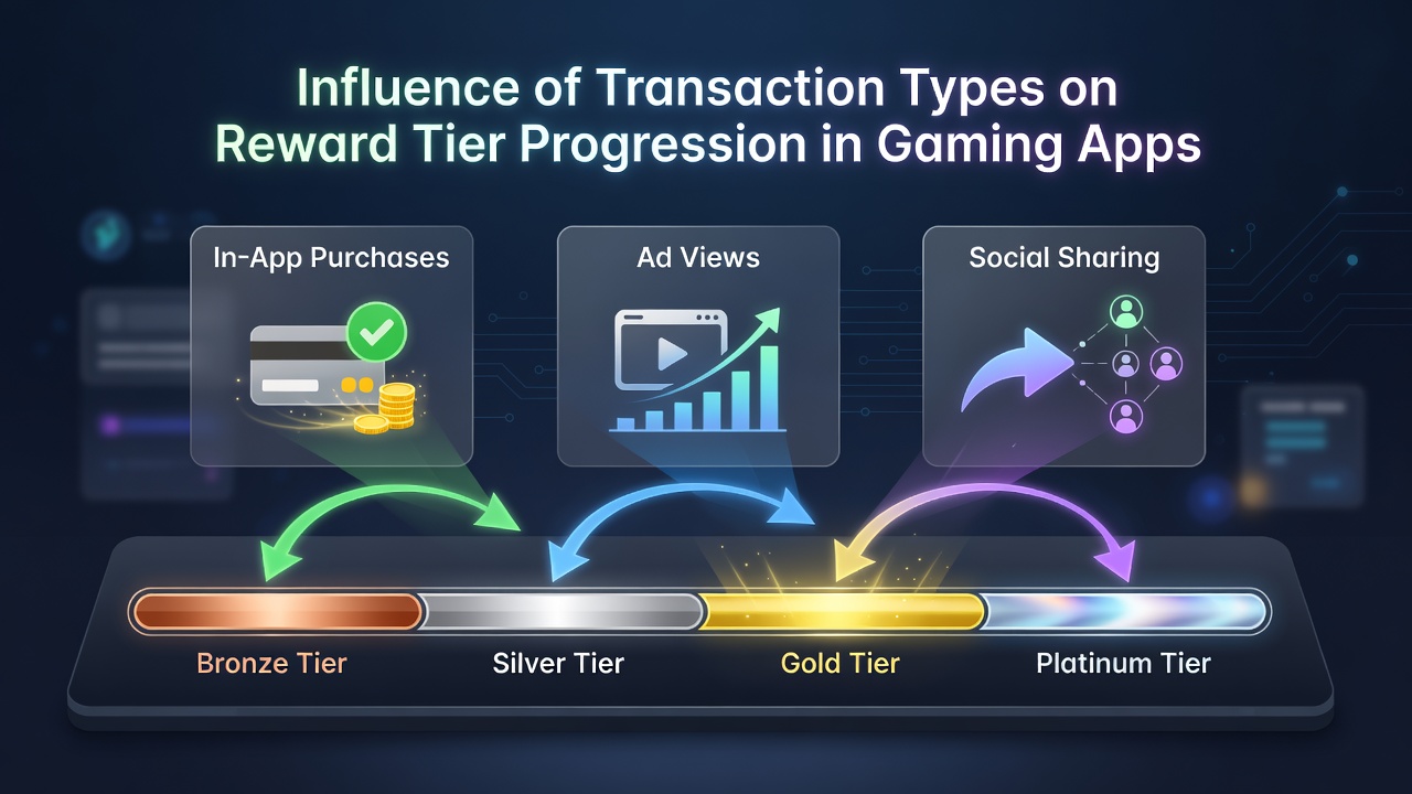 Grafik zeigt verschiedene Transaktionstypen und deren Auswirkungen auf Belohnungsstufen in mobilen Gaming-Apps