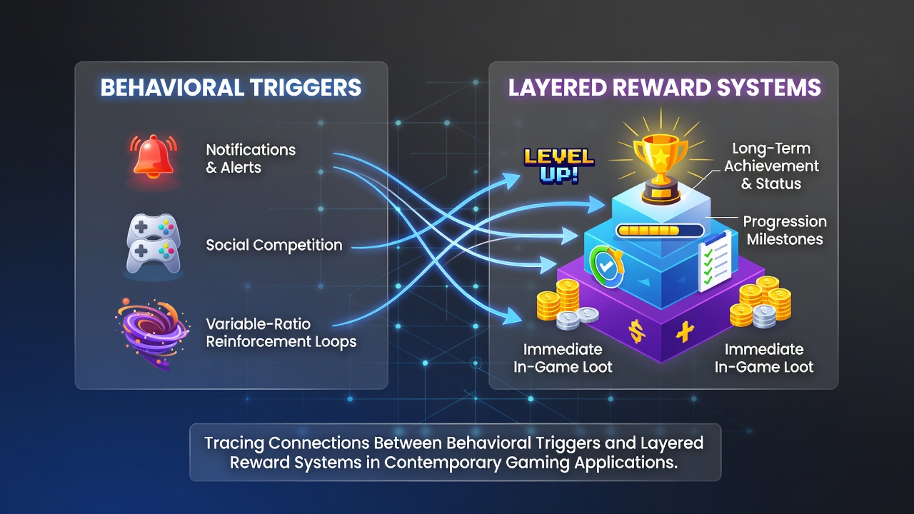 Darstellung von Verhaltensauslösern und Belohnungsschichten in Gaming-Apps mit vernetzten Elementen
